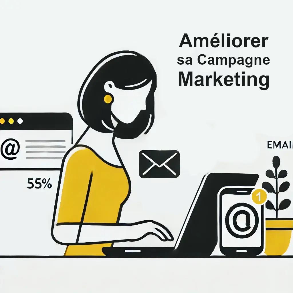 Illustration d'une femme travaillant sur un ordinateur pour améliorer une campagne marketing, entourée d'éléments liés aux e-mails et aux statistiques.