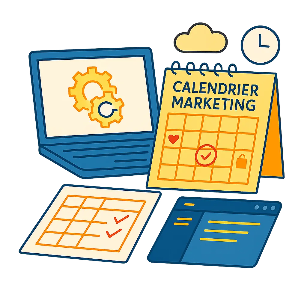 Illustration de l'association du Calendrier Marketing 2025 avec des logiciels et un ordinateur.