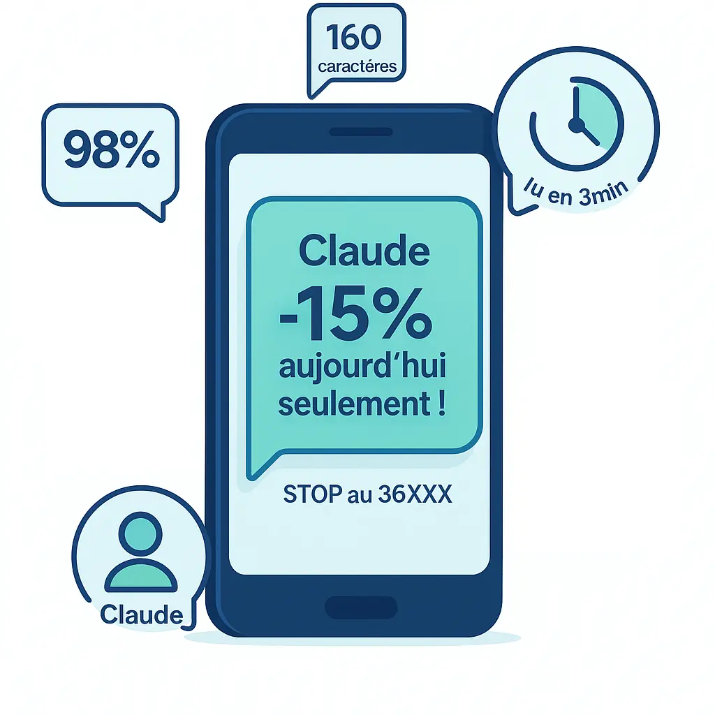 Publicité par SMS : un canal direct et performant pour vos campagnes marketing Illustration de la publicité par SMS avec message personnalisé et taux d’ouverture élevé