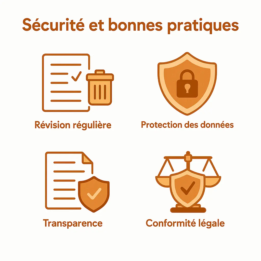 Illustration les bonnes pratiques lors de la création d'un fichier client : révision régulière, protection des données, transparence et conformité légale.