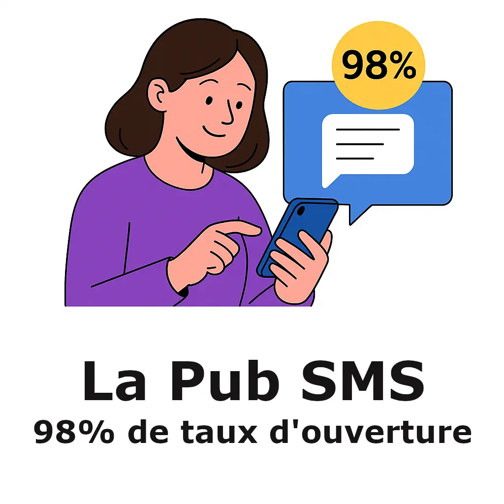 La publicité par SMS : un taux d’ouverture exceptionnel de 98 % Illustration d’une femme lisant un SMS promotionnel avec un taux d’ouverture de 98 %